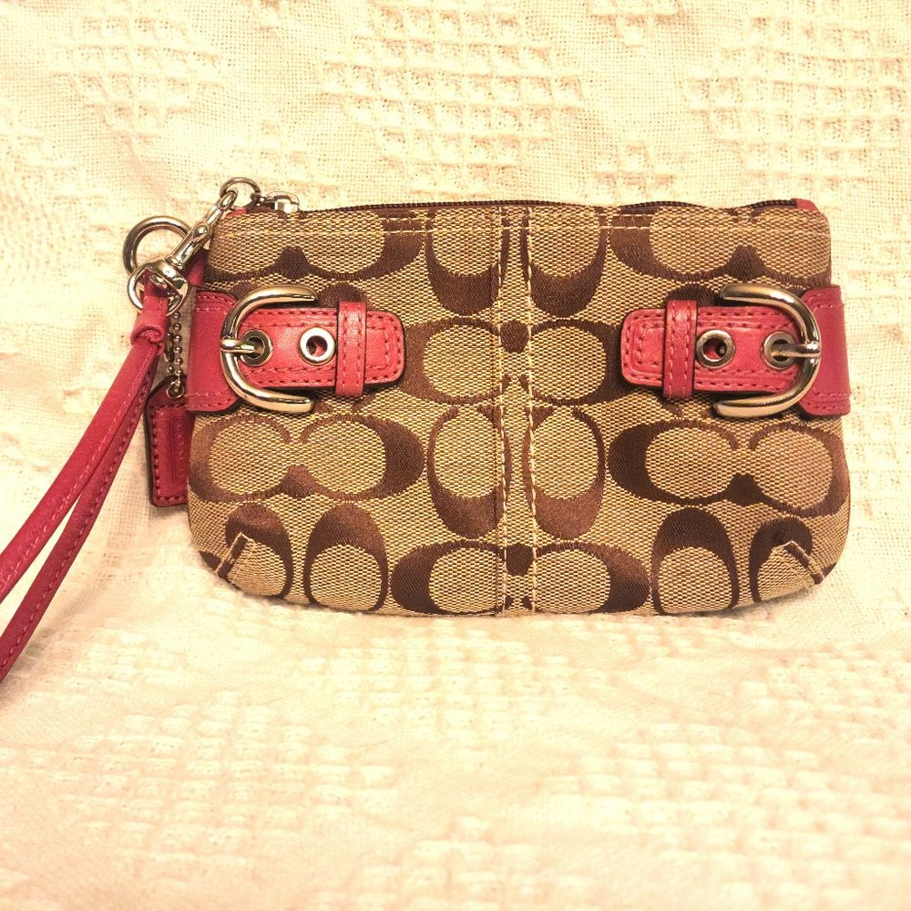 Coach Brown Signature Soho Wristlet with Pink Leather